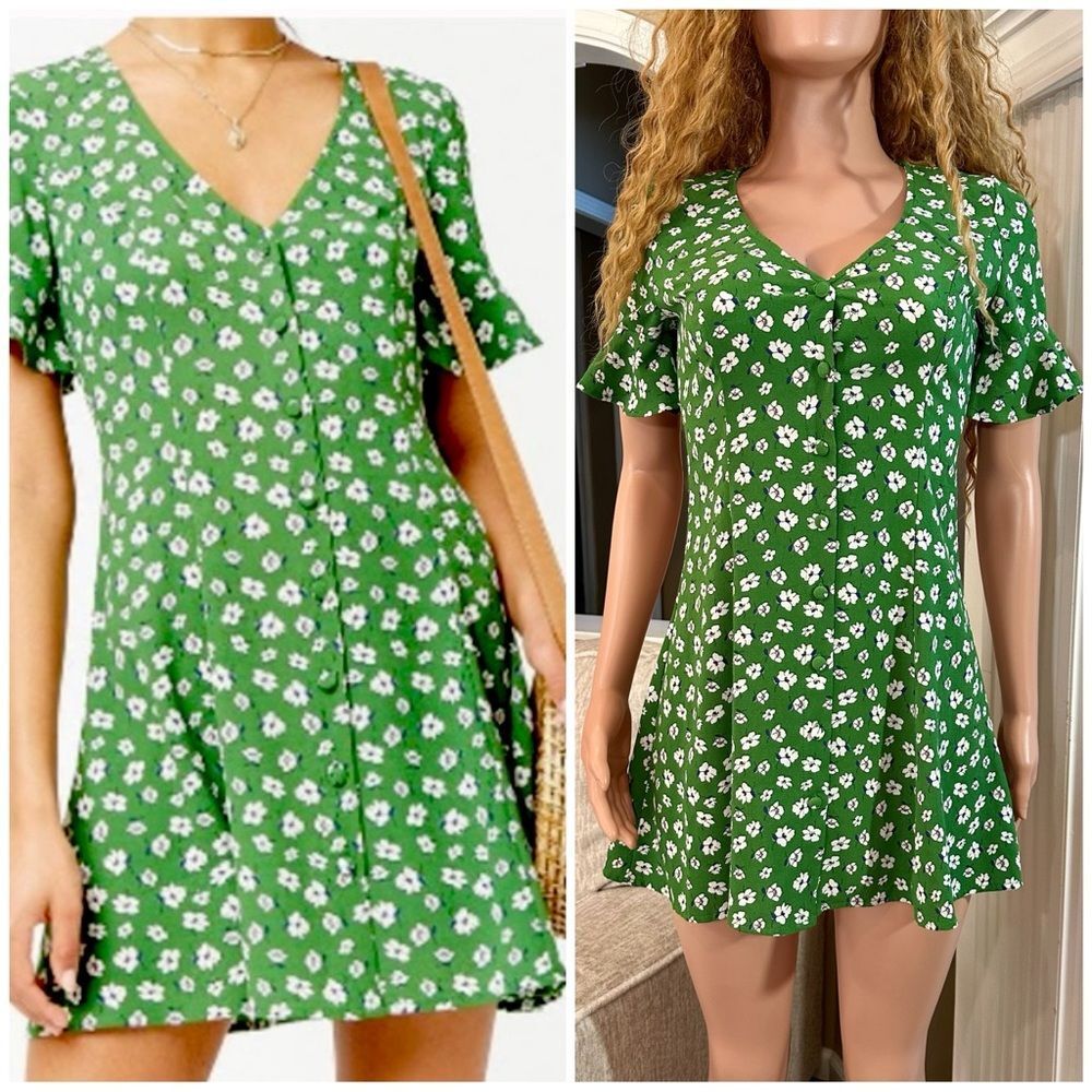 Adorable button front green floral mini dress